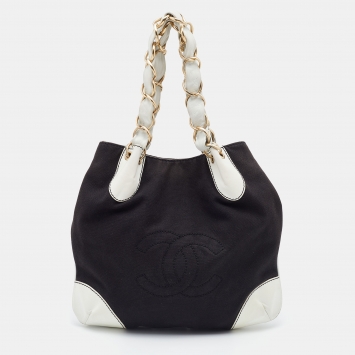 Pre Owned Chanel Black/White Canvas and Leather Vintage Olsen Hobo