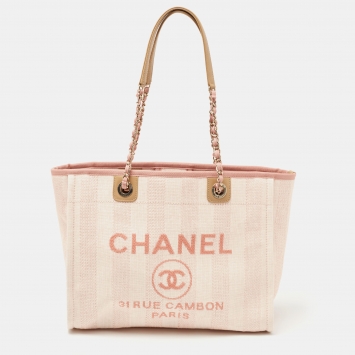 Pre Owned Chanel Pink Raffia and Leather Medium Deauville Shopper Tote