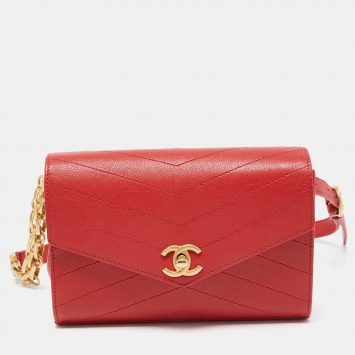 Pre Owned Chanel Red Chevron Leather Coco Waist Belt Bag