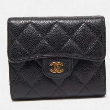 Pre Owned Chanel Black Quilted Caviar Leather Classic Trifold Wallet