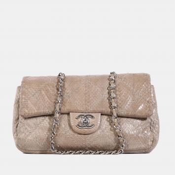 Pre Owned Chanel Taupe Python Stitched Leather Single Flap Shoulder Bag