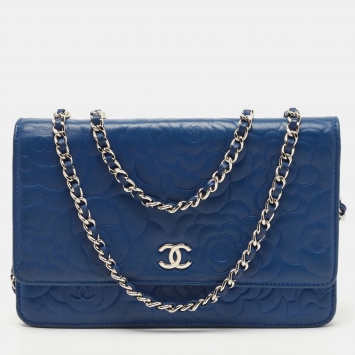 Pre Owned Chanel Blue Leather Camellia Wallet on Chain