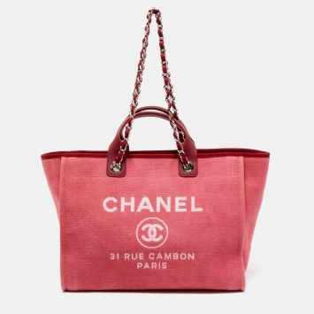 Pre Owned Chanel Pink Canvas and Leather Large Deauville Shopper Tote