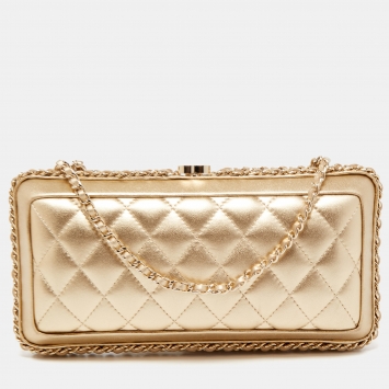 Pre Owned Chanel Gold Quilted Leather Chain Around Chain Clutch