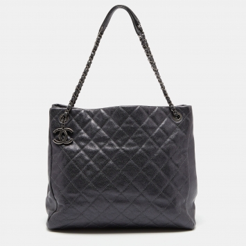 Pre Owned Chanel Metallic Grey Quilted Caviar Leather Chic Shopper Tote