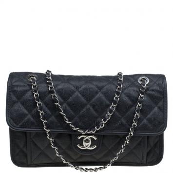 Pre Owned Chanel Black Caviar Leather Jumbo French Riviera Classic Flap Bag