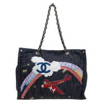 Pre Owned Chanel Black Denim Airplane Embroidered Shopper Tote