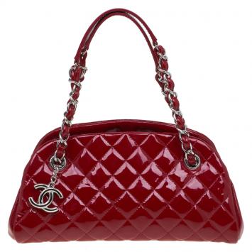 Pre Owned Chanel Red Quilted Patent Leather Small Just Mademoiselle Bowling Bag