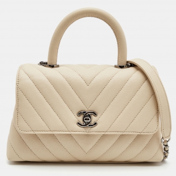 Pre Owned Chanel Light Beige Quilted Caviar Leather Small Coco Top Handle Bag