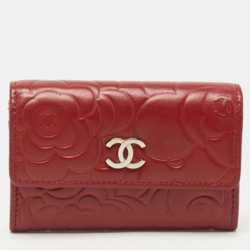 Pre Owned Chanel Red Camellia Embossed Leather CC Flap Card Case 