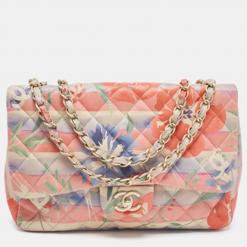 Pre Owned Chanel Multicolor Floral Print Quilted Leather Jumbo Classic Single Flap Bag