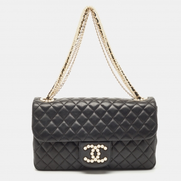 Pre Owned Chanel Black Quilted Leather Medium Westminster Pearl Single Flap Bag         