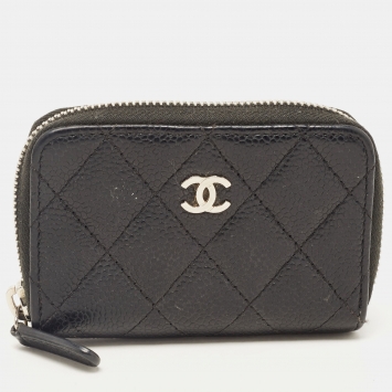 Pre Owned Chanel Black Quilted Caviar Leather Classic Zipped Coin Purse