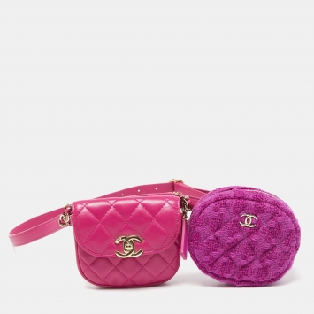 Pre Owned Chanel Magenta Quilted Leather and Wool Mini Waist and Coin Purse Bag