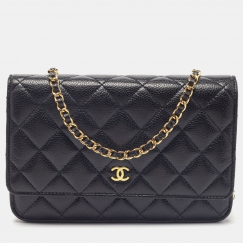 Pre Owned Chanel Black Quilted Caviar Leather Classic Wallet on Chain