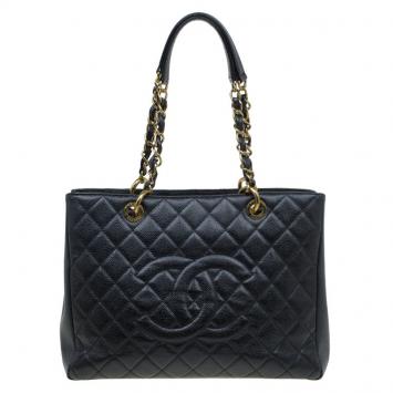 Pre Owned Chanel Black Quilted Caviar Leather Grand Shopping Tote