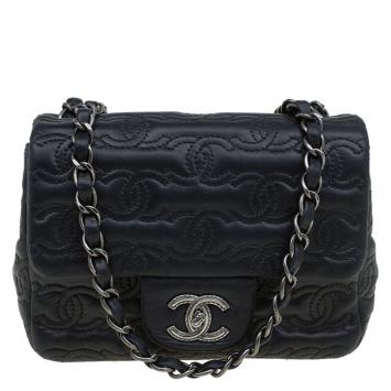 Pre Owned Chanel Black Embroidered CC Leather Mini Square Classic Flap Bag
