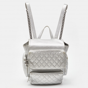 Pre Owned Chanel Silver Quilted Caviar Leather Casual Rock Backpack