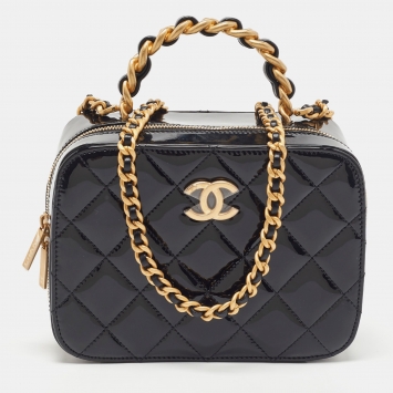 Pre Owned Chanel Black Quilted Patent Leather CC Chain Handle Vanity Bag