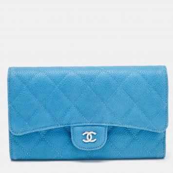 Pre Owned Chanel Light Blue Quilted Caviar Leather Trifold Classic Flap Wallet