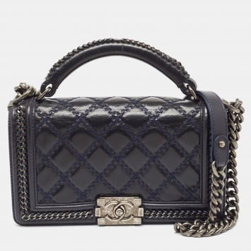 Pre Owned Chanel Dark Blue Quilted Leather Medium Wild Stitch Chain Boy Top Handle Bag