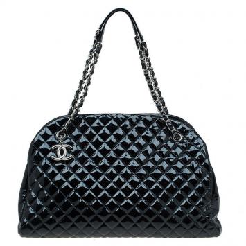 Pre Owned Chanel Black Quilted Patent Leather Large Just Mademoiselle Bowling Bag