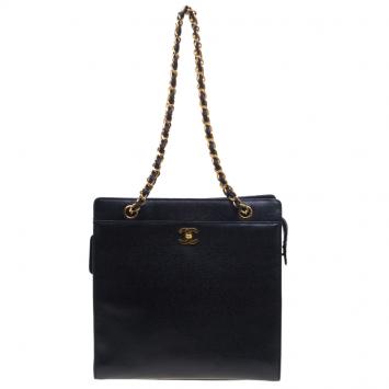 Pre Owned Chanel Black Caviar Leather CC Vintage Shopper Tote