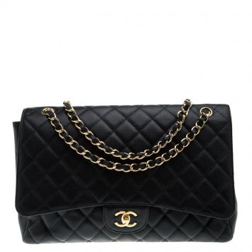 Pre Owned Chanel Black Quilted Caviar Leather Maxi Classic Flap Bag