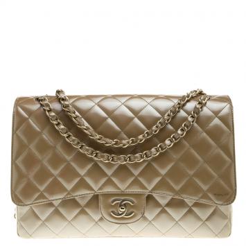 Pre Owned Chanel Beige Quilted Patent Leather Maxi Classic Single Flap Bag