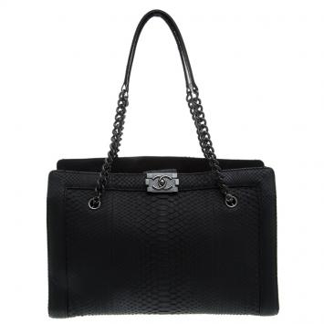 Pre Owned Chanel Matte Black Python Large Boy Shopper Tote