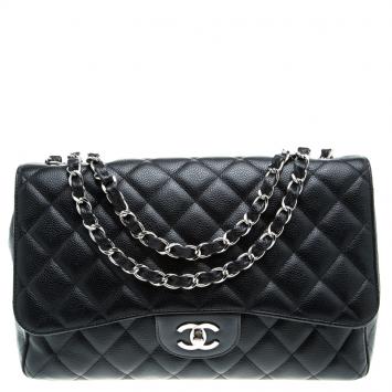 Pre Owned Chanel Black Quilted Caviar Leather Jumbo Classic Single Flap Bag