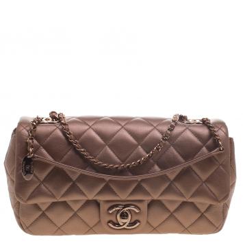 Pre Owned Chanel Bronze Quilted Leather Medium Classic Single Flap Bag