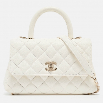Pre Owned Chanel White Quilted Caviar Leather Mini Coco Top Handle Bag