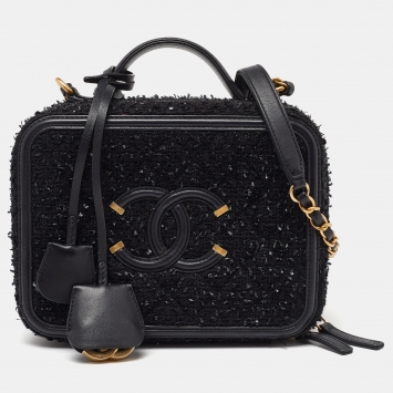 Pre Owned Chanel Black Quilted Tweed and Leather CC Filigree Chain Vanity Case Bag