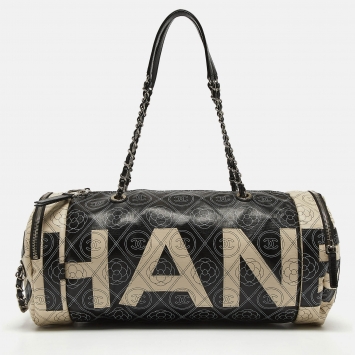 Pre Owned Chanel Black/White Camellia Print Coated Canvas Bowler Bag