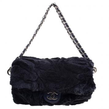 Pre Owned Chanel Navy Blue Rabbit Fur and Leather Classic Single Flap Bag