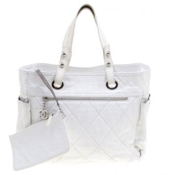 Pre Owned Chanel White Quilted Coated Canvas Large Paris Biarritz Tote