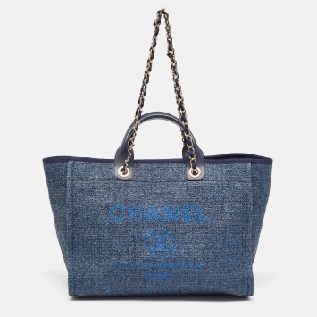Pre Owned Chanel Metallic Blue Straw and Leather Medium Deauville Shopper Tote