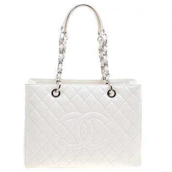 Pre Owned Chanel Cream Quilted Caviar Leather Grand Shopping Tote