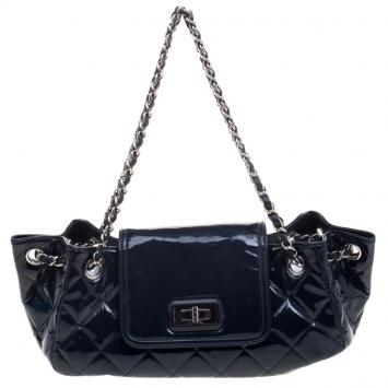 Pre Owned Chanel Navy Blue Quilted Patent Leather Reissue Accordion Flap Bag