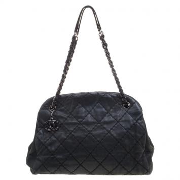 Pre Owned Chanel Black Quilted Iridescent Leather Just Mademoiselle Bowling Bag
