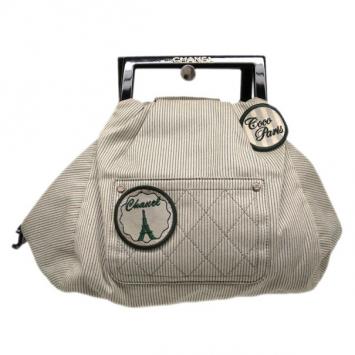 Pre Owned Chanel Grey Striped Coco Paris Boston Bag