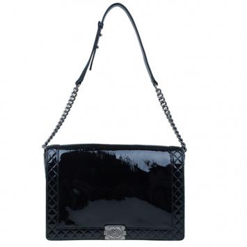 Pre Owned Chanel Black Patent Leather Boy Reverso Jumbo Flap Bag