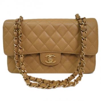 Pre Owned Chanel Beige Caviar Leather Double Flap Bag
