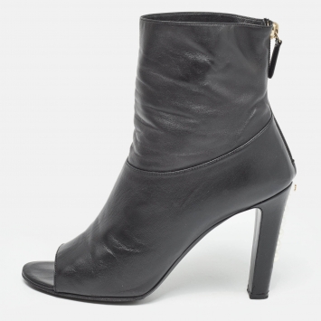 Pre Owned Chanel Black Leather Pearl Embellished Heel Open Toe Ankle Booties Size 39