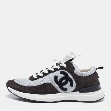 Pre Owned Chanel Black/Grey Nylon and Suede CC Logo Lace Up Sneakers Size 40
