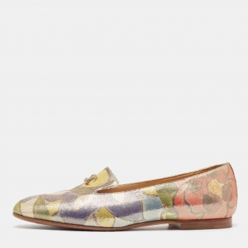 Pre Owned Chanel Multicolor Floral Print Glitter Lame Fabric CC Smoking Slippers Size 37.5