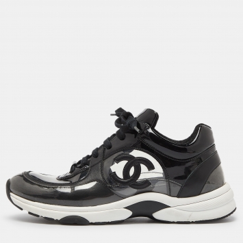 Pre Owned Chanel Black Patent Leather and PVC CC Low Top Sneakers Size 38.5