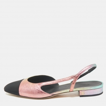 Chanel Multicolor Texture Leather and Canvas Cap Toe Slingback Flats Size 40.5
