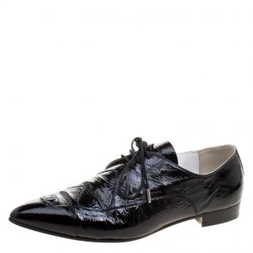 Pre Owned Chanel Black Patent Leather Pointed Toe CC Derby Size 40.5